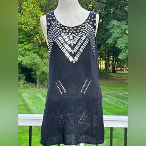 VERTIGO PARIS BLACK KNIT SLEEVELESS SWEATER METALLIC SILVER GOLD SHIFT DRESS L